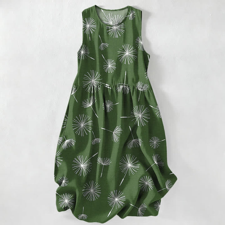 Buddha Stones Abito midi estivo casual da donna con stampa a fiori di dente di leone e tasche. - Verde oliva - US16, UK/AU20, EU48 (3XL) - image 5