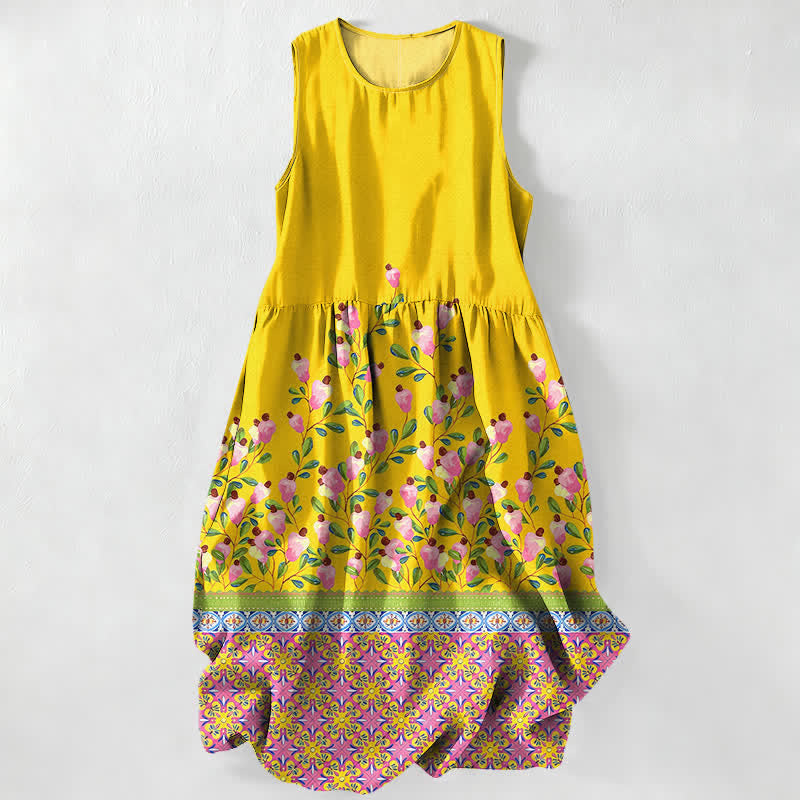 Buddha Stones Abito midi estivo casual da donna con bordo floreale e tasche. - Giallo - US16, UK/AU20, EU48 (3XL) - image 0