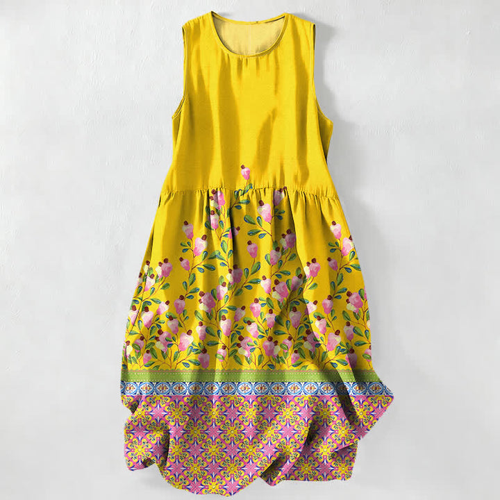 Buddha Stones Abito midi estivo casual da donna con bordo floreale e tasche. - Giallo - US16, UK/AU20, EU48 (3XL) - image 0