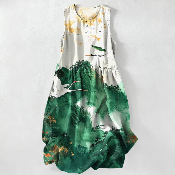 Buddha Stones Abito midi estivo da donna senza maniche con tasche, fantasia paesaggio con gru e inchiostro, ideale per l'estate. - Verde studentesco - US16, UK/AU20, EU48 (3XL) - image 0