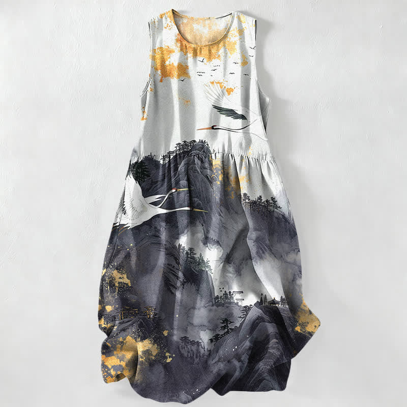 Buddha Stones Abito midi estivo da donna senza maniche con tasche, fantasia paesaggio con gru e inchiostro, ideale per l'estate. - Nero - US16, UK/AU20, EU48 (3XL) - image 8