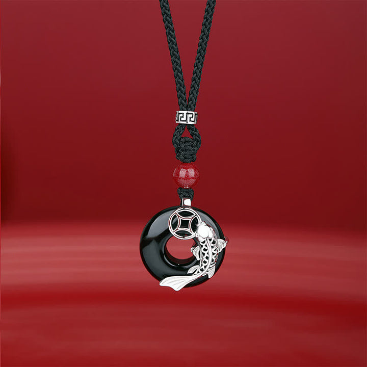 Buddha Stones Collana circolare intrecciata in stile cinese con motivo a carpa koi di giada. - Onice Nero (Protezione ♥ Fortuna) - argento (Purezza ♥ Intuizione) - image 4