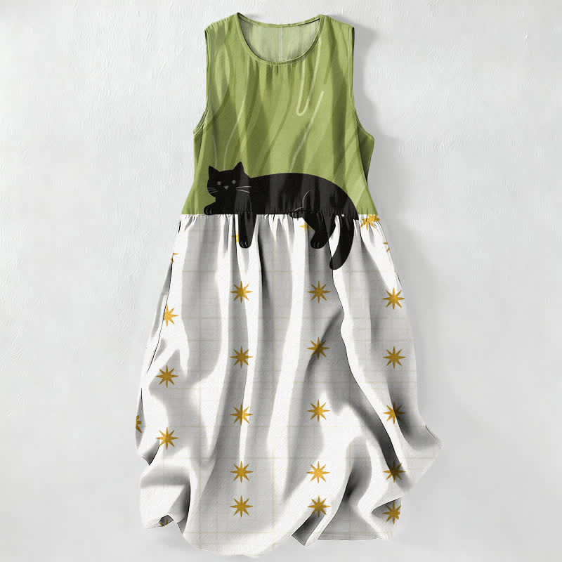 Buddha Stones Abito midi estivo casual da donna con motivo a stelle e gatti neri, senza maniche e tasche. - GialloVerde - US16, UK/AU20, EU48 (3XL) - image 0