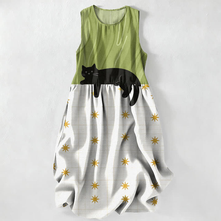 Buddha Stones Abito midi estivo casual da donna con motivo a stelle e gatti neri, senza maniche e tasche. - GialloVerde - US16, UK/AU20, EU48 (3XL) - image 0