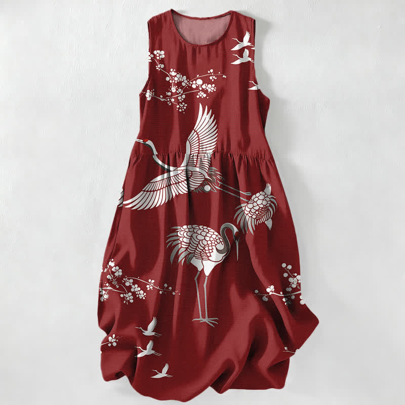 Buddha Stones Abito midi estivo casual da donna con stampa di gru e fiori di ciliegio, senza maniche e con tasche. - Marrone - US16, UK/AU20, EU48 (3XL) - image 0