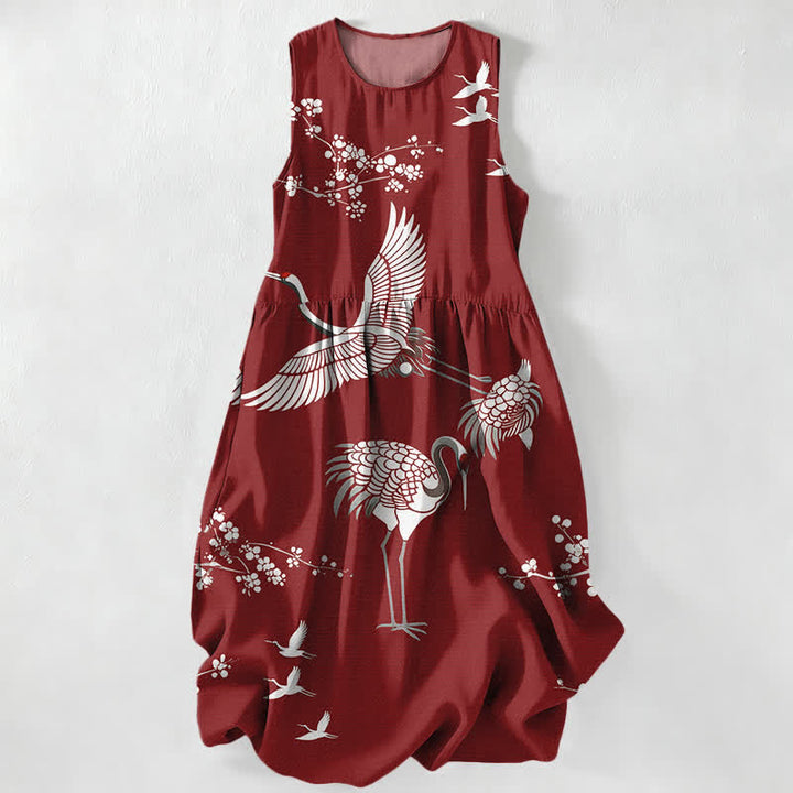 Buddha Stones Abito midi estivo casual da donna con stampa di gru e fiori di ciliegio, senza maniche e con tasche. - Marrone - US16, UK/AU20, EU48 (3XL) - image 0