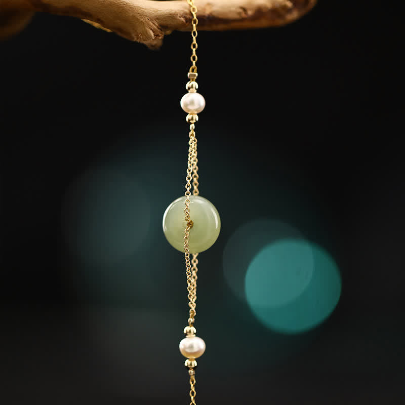 Buddha Stones Cavigliera con fibbia di sicurezza in giada Hetian, perle e catena di sicurezza. - image 2