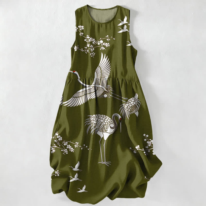 Buddha Stones Abito midi estivo casual da donna con stampa di gru e fiori di ciliegio, senza maniche e con tasche. - Verde oliva - US16, UK/AU20, EU48 (3XL) - image 4