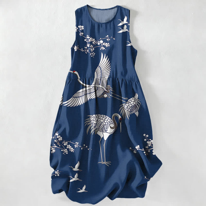 Buddha Stones Abito midi estivo casual da donna con stampa di gru e fiori di ciliegio, senza maniche e con tasche. - Marina - US16, UK/AU20, EU48 (3XL) - image 8