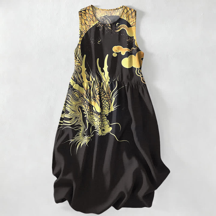 Buddha Stones Abito midi estivo casual da donna con motivo drago dorato e nuvole, senza maniche e tasche. - Nero - US16, UK/AU20, EU48 (3XL) - image 4