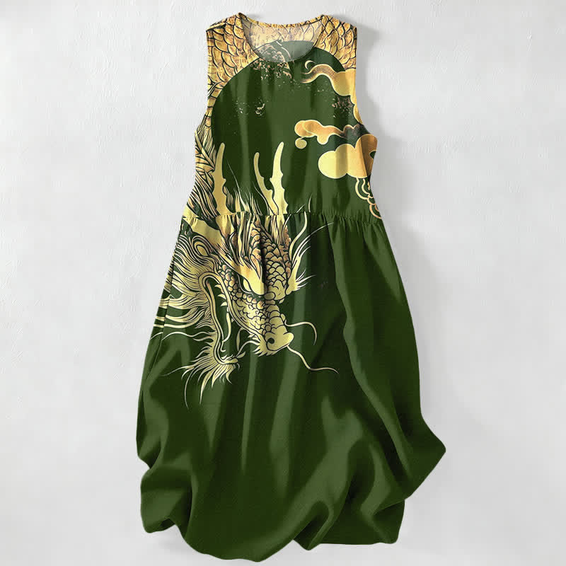Buddha Stones Abito midi estivo casual da donna con motivo drago dorato e nuvole, senza maniche e tasche. - Verde oliva scuro - US16, UK/AU20, EU48 (3XL) - image 8