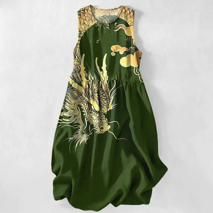 Buddha Stones Abito midi estivo casual da donna con motivo drago dorato e nuvole, senza maniche e tasche. - Verde oliva scuro - US16, UK/AU20, EU48 (3XL) - image 8
