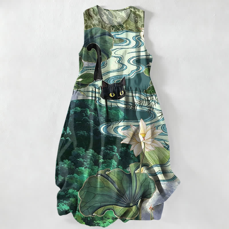 Buddha Stones Abito midi estivo casual da donna con stampa di loto e gatto nero, senza maniche e tasche. - Verde acqua - US16, UK/AU20, EU48 (3XL) - image 0