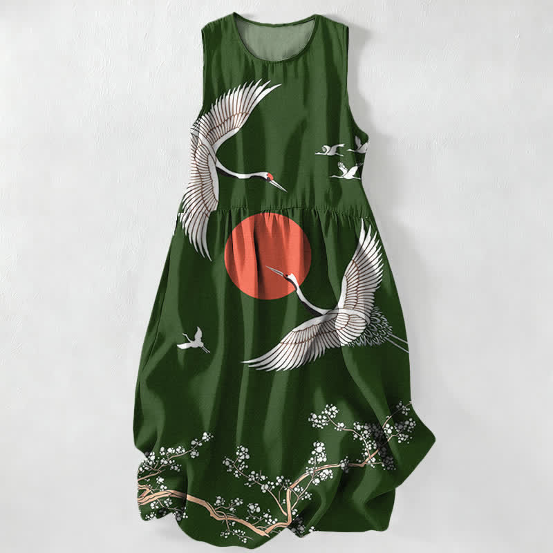 Buddha Stones Abito midi estivo casual da donna con motivo gru e sole rosso, senza maniche e tasche. - Verde studentesco - US16, UK/AU20, EU48 (3XL) - image 8