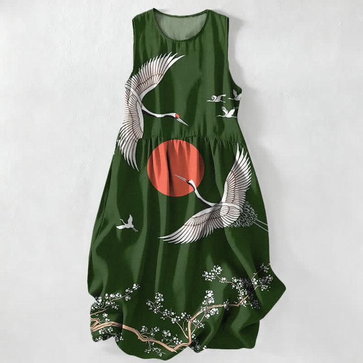 Buddha Stones Abito midi estivo casual da donna con motivo gru e sole rosso, senza maniche e tasche. - Verde studentesco - US16, UK/AU20, EU48 (3XL) - image 8
