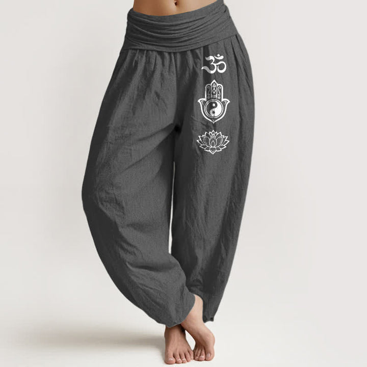 Buddha Stones Pantaloni harem da donna in puro cotone con motivo Om Hamsa Yin Yang e loto, con elastico in vita. - Grigio tenue - US16, UK/AU20, EU48 (3XL) - image 11