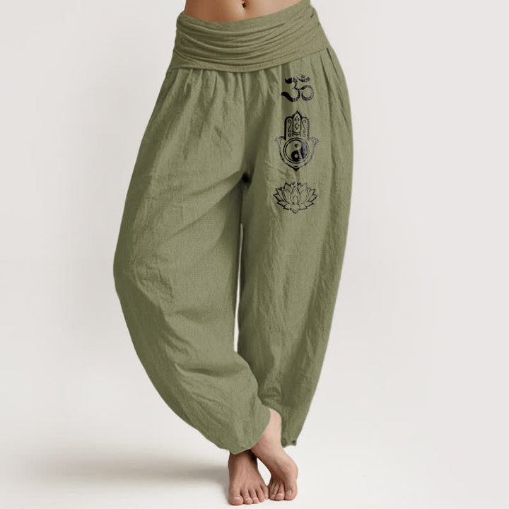 Buddha Stones Pantaloni harem da donna in puro cotone con motivo Om Hamsa Yin Yang e loto, con elastico in vita. - Verde oliva - US16, UK/AU20, EU48 (3XL) - image 14