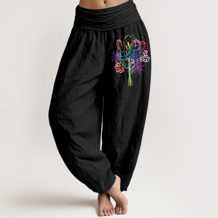 Buddha Stones Pantaloni harem da donna in puro cotone con motivo floreale e vita elasticizzata. - Nero - US16, UK/AU20, EU48 (3XL) - image 0
