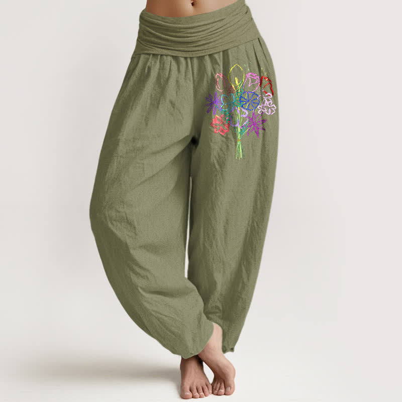 Buddha Stones Pantaloni harem da donna in puro cotone con motivo floreale e vita elasticizzata. - Verde oliva - US16, UK/AU20, EU48 (3XL) - image 11