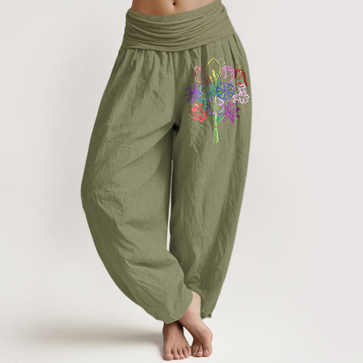 Buddha Stones Pantaloni harem da donna in puro cotone con motivo floreale e vita elasticizzata. - Verde oliva - US16, UK/AU20, EU48 (3XL) - image 11