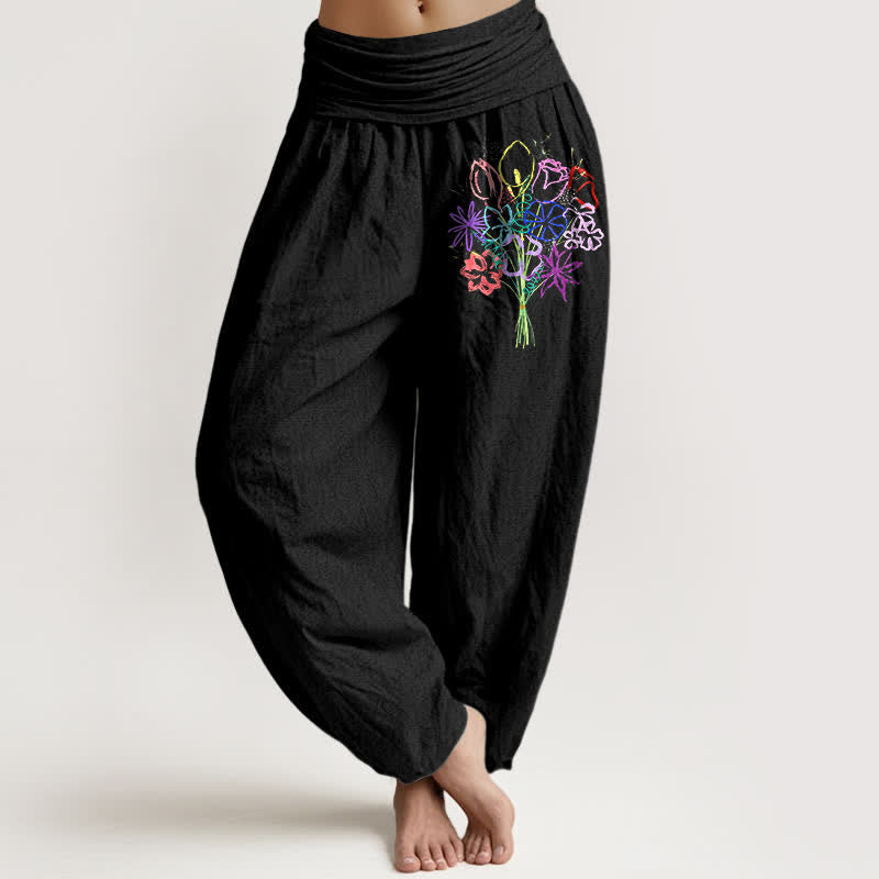 Buddha Stones Pantaloni harem da donna in puro cotone con motivo floreale e vita elasticizzata. - Nero - US16, UK/AU20, EU48 (3XL) - image 0