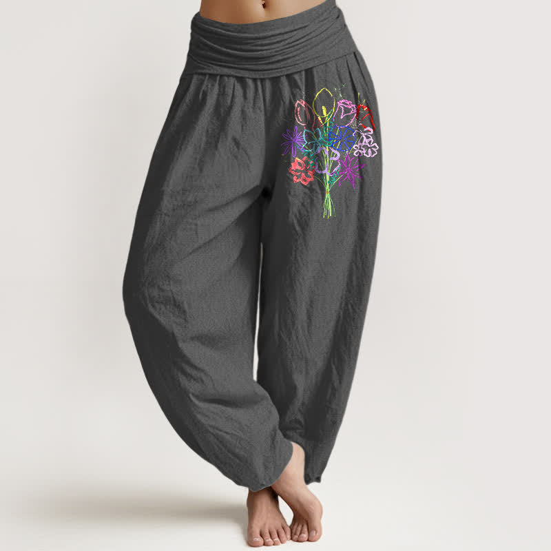 Buddha Stones Pantaloni harem da donna in puro cotone con motivo floreale e vita elasticizzata. - Grigio tenue - US16, UK/AU20, EU48 (3XL) - image 8