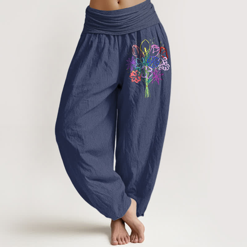 Buddha Stones Pantaloni harem da donna in puro cotone con motivo floreale e vita elasticizzata. - Blu ardesia scuro - US16, UK/AU20, EU48 (3XL) - image 5