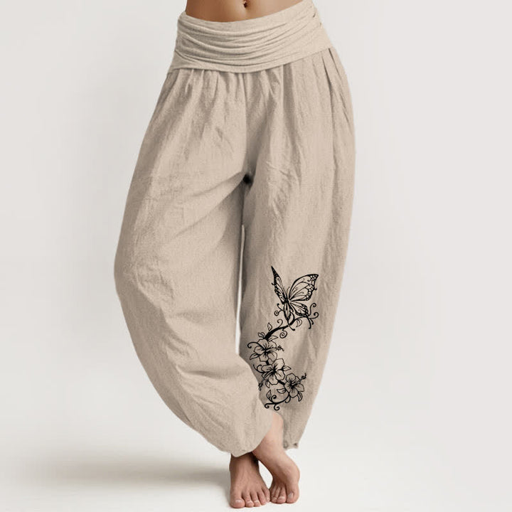 Buddha Stones Pantaloni harem da donna in puro cotone con motivo floreale e farfalle, vita elasticizzata. - Tan - US16, UK/AU20, EU48 (3XL) - image 14
