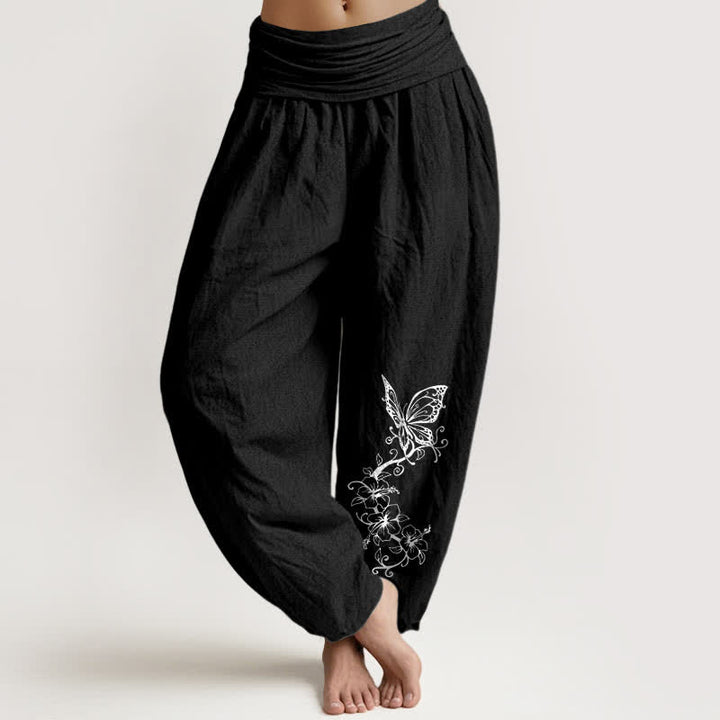 Buddha Stones Pantaloni harem da donna in puro cotone con motivo floreale e farfalle, vita elasticizzata. - Nero - US16, UK/AU20, EU48 (3XL) - image 5