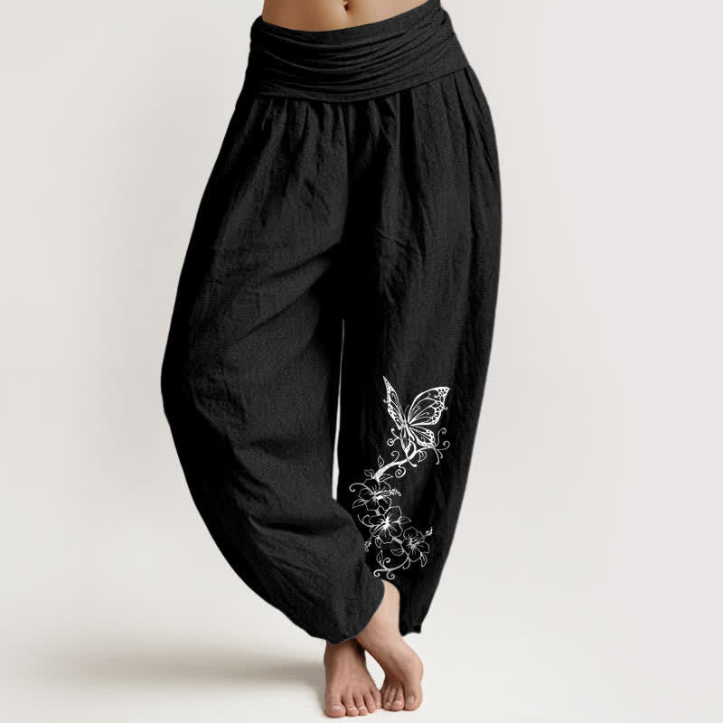 Buddha Stones Pantaloni harem da donna in puro cotone con motivo floreale e farfalle, vita elasticizzata. - Nero - US16, UK/AU20, EU48 (3XL) - image 5