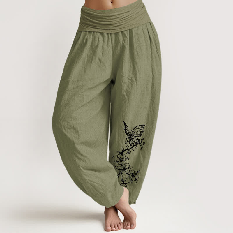 Buddha Stones Pantaloni harem da donna in puro cotone con motivo floreale e farfalle, vita elasticizzata. - Verde oliva - US16, UK/AU20, EU48 (3XL) - image 11