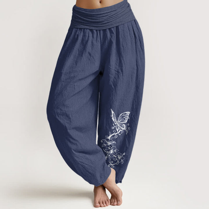 Buddha Stones Pantaloni harem da donna in puro cotone con motivo floreale e farfalle, vita elasticizzata. - Blu ardesia scuro - US16, UK/AU20, EU48 (3XL) - image 0