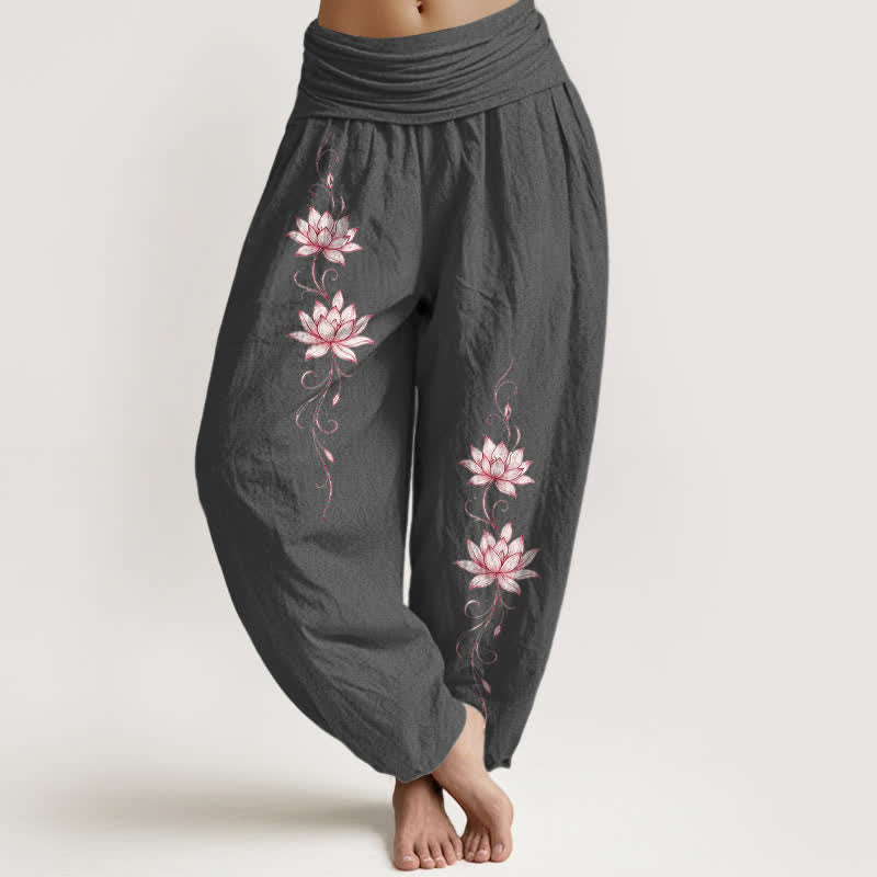 Buddha Stones Pantaloni harem da donna in puro cotone con motivo a fiori di loto e vita elasticizzata. - Grigio tenue - US16, UK/AU20, EU48 (3XL) - image 8