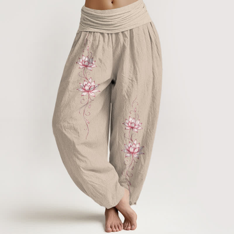 Buddha Stones Pantaloni harem da donna in puro cotone con motivo a fiori di loto e vita elasticizzata. - Tan - US16, UK/AU20, EU48 (3XL) - image 14
