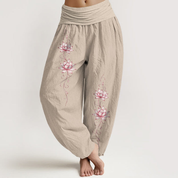 Buddha Stones Pantaloni harem da donna in puro cotone con motivo a fiori di loto e vita elasticizzata. - Tan - US16, UK/AU20, EU48 (3XL) - image 14