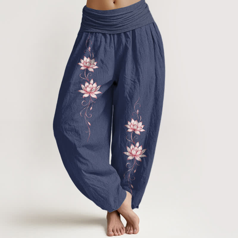 Buddha Stones Pantaloni harem da donna in puro cotone con motivo a fiori di loto e vita elasticizzata. - Blu ardesia scuro - US16, UK/AU20, EU48 (3XL) - image 5