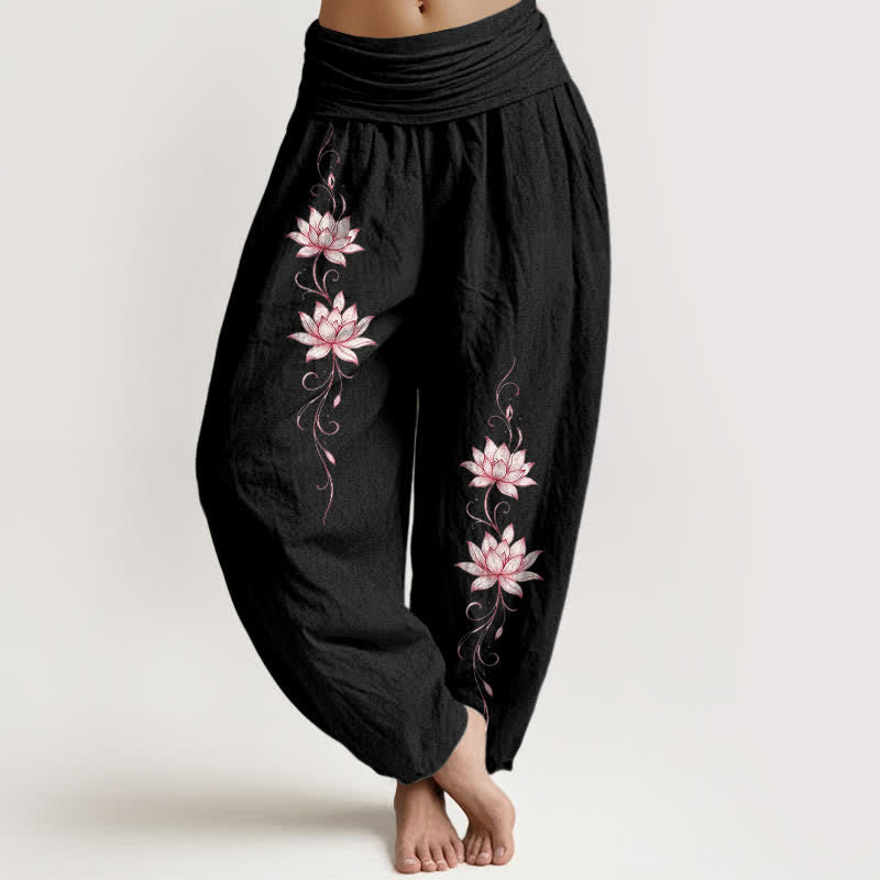 Buddha Stones Pantaloni harem da donna in puro cotone con motivo a fiori di loto e vita elasticizzata. - Nero - US16, UK/AU20, EU48 (3XL) - image 0