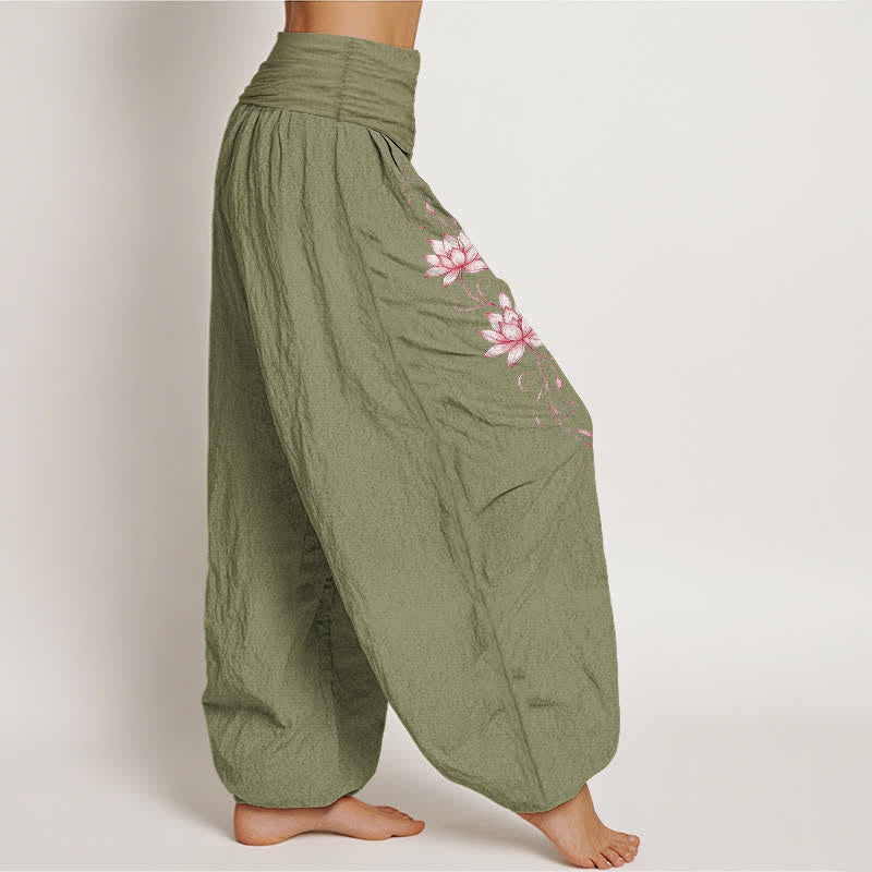 Buddha Stones Pantaloni harem da donna in puro cotone con motivo a fiori di loto e vita elasticizzata. - image 13