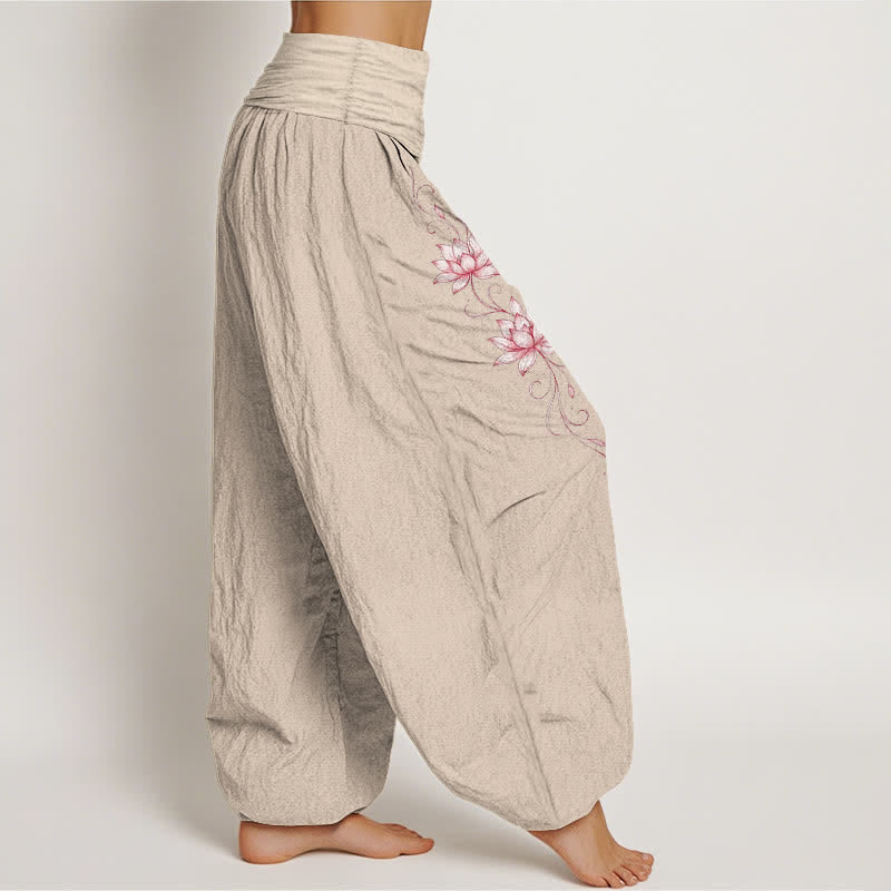 Buddha Stones Pantaloni harem da donna in puro cotone con motivo a fiori di loto e vita elasticizzata. - image 16