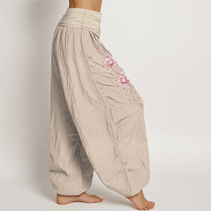 Buddha Stones Pantaloni harem da donna in puro cotone con motivo a fiori di loto e vita elasticizzata. - image 16