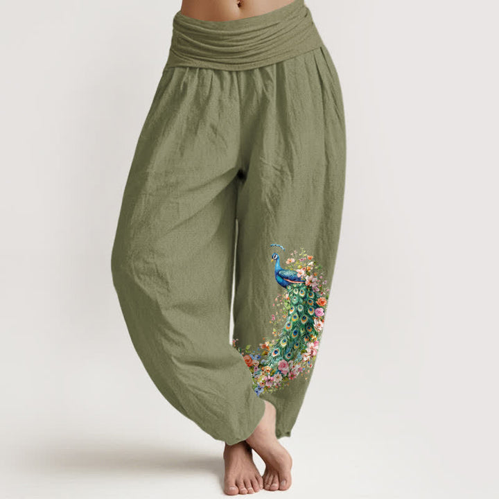 Buddha Stones Pantaloni harem da donna in puro cotone con fantasia floreale e pavone, vita elasticizzata. - Verde oliva - US16, UK/AU20, EU48 (3XL) - image 11