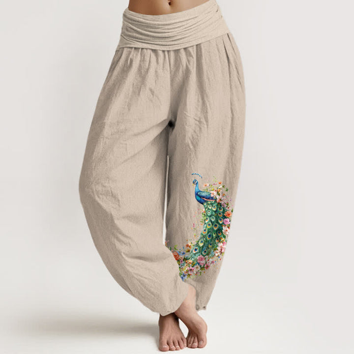 Buddha Stones Pantaloni harem da donna in puro cotone con fantasia floreale e pavone, vita elasticizzata. - Tan - US16, UK/AU20, EU48 (3XL) - image 14