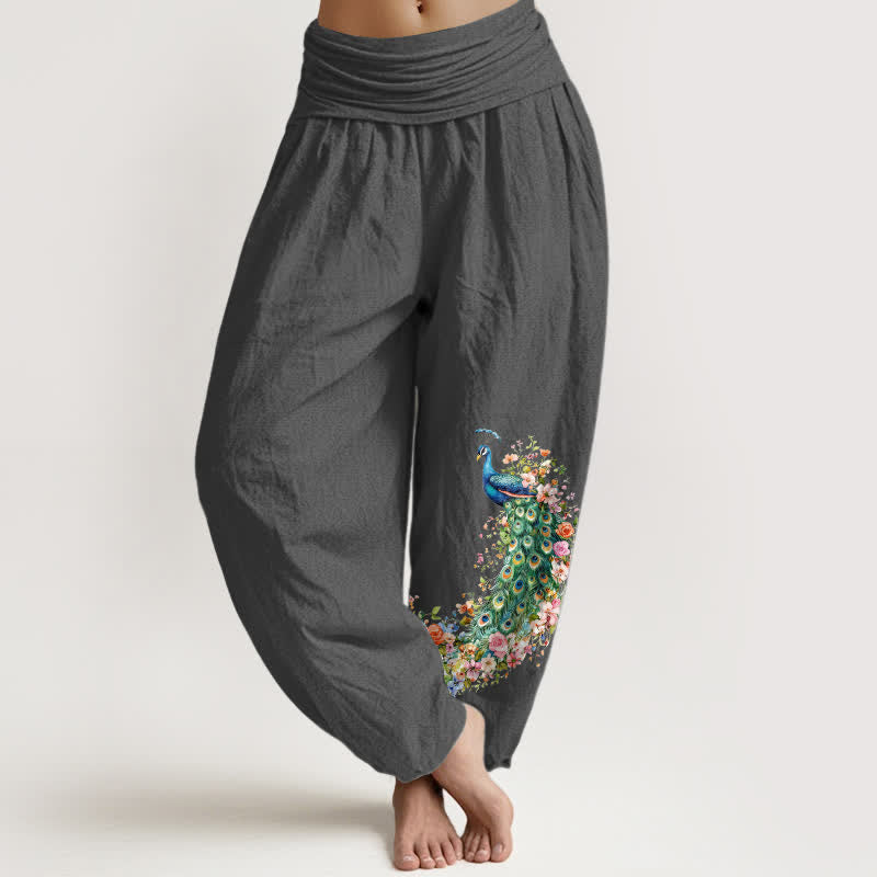 Buddha Stones Pantaloni harem da donna in puro cotone con fantasia floreale e pavone, vita elasticizzata. - Grigio tenue - US16, UK/AU20, EU48 (3XL) - image 8