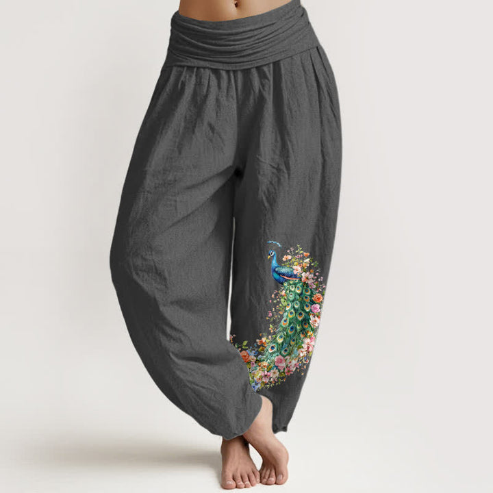 Buddha Stones Pantaloni harem da donna in puro cotone con fantasia floreale e pavone, vita elasticizzata. - Grigio tenue - US16, UK/AU20, EU48 (3XL) - image 8