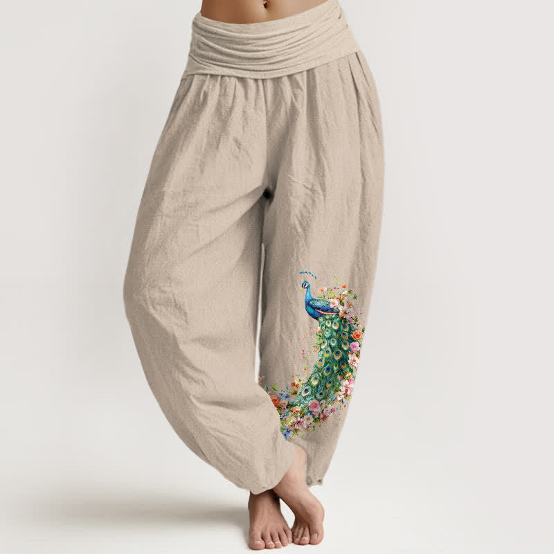 Buddha Stones Pantaloni harem da donna in puro cotone con fantasia floreale e pavone, vita elasticizzata. - Tan - US16, UK/AU20, EU48 (3XL) - image 14