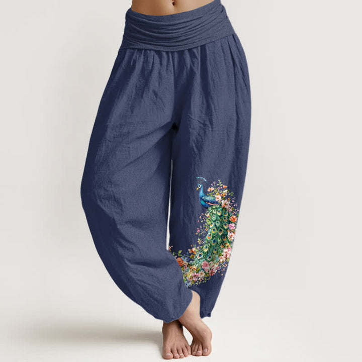 Buddha Stones Pantaloni harem da donna in puro cotone con fantasia floreale e pavone, vita elasticizzata. - Blu ardesia scuro - US16, UK/AU20, EU48 (3XL) - image 5