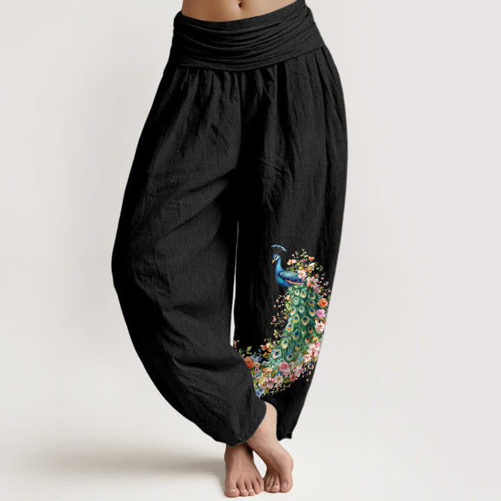Buddha Stones Pantaloni harem da donna in puro cotone con fantasia floreale e pavone, vita elasticizzata. - Nero - US16, UK/AU20, EU48 (3XL) - image 0