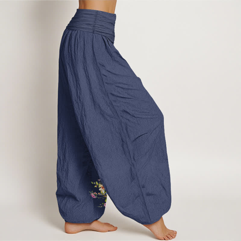 Buddha Stones Pantaloni harem da donna in puro cotone con fantasia floreale e pavone, vita elasticizzata. - image 7