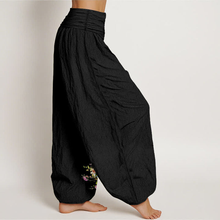 Buddha Stones Pantaloni harem da donna in puro cotone con fantasia floreale e pavone, vita elasticizzata. - image 2