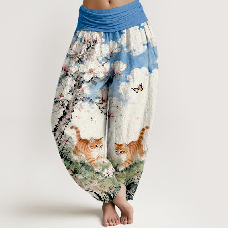 Buddha Stones Pantaloni harem da donna in puro cotone con elastico in vita e fantasia di gatti tigrati arancioni e magnolia. - Blu fiordaliso - US16, UK/AU20, EU48 (3XL) - image 0